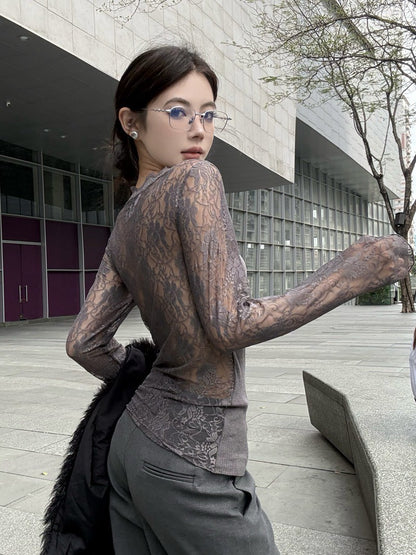NA+ 不簡單打底蕾絲拼接針織上衣 灰
