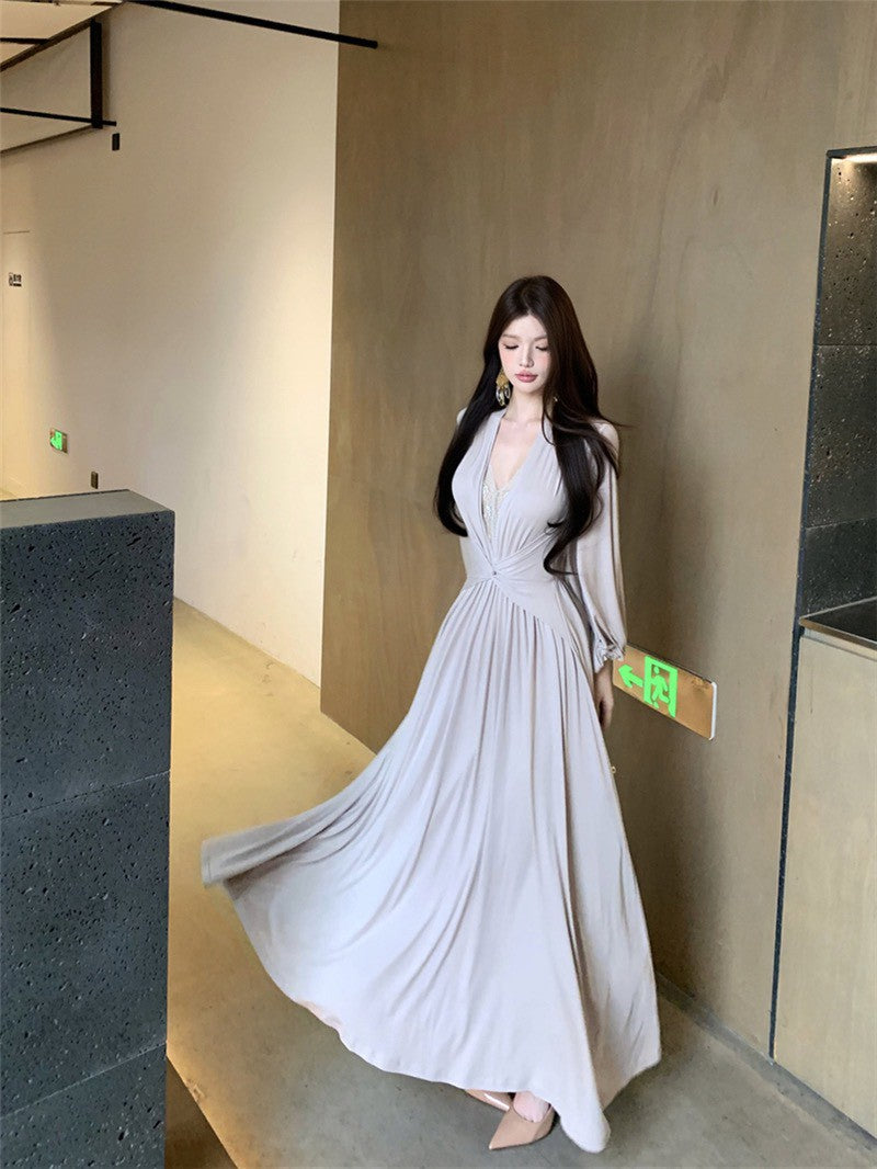 NA+ 淡香純慾蕾絲扭結拼接長款連身裙 奶茶