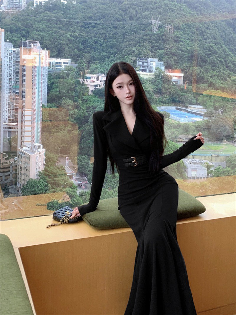 NA+ 性感掐腰西裝式V領收腰魚尾連身裙 紫/黑