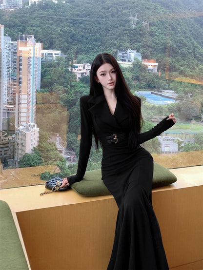 NA+ 性感掐腰西裝式V領收腰魚尾連身裙 紫/黑