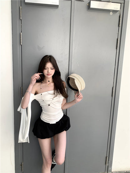 NA+ 純慾系 蝴蝶結側飄帶顯瘦上衣 白