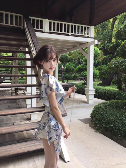 NA+ 古董千金矜貴印花斜領連身裙