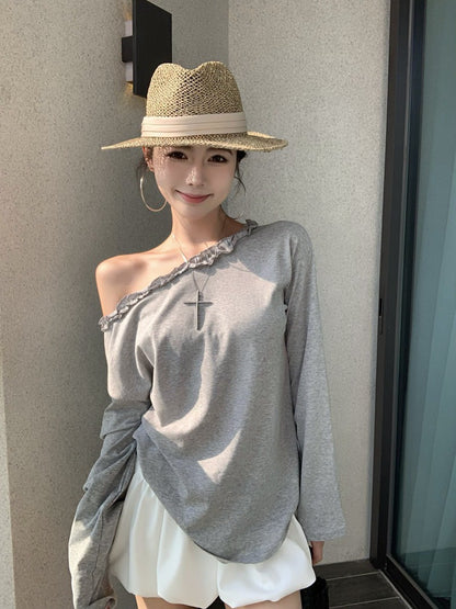 NA+ 推薦款*休閒花邊斜領寬鬆慵懶上衣 白/灰