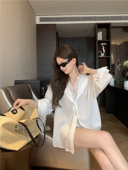 NA+ 純色蕾絲百搭夾兩件拼接襯衫