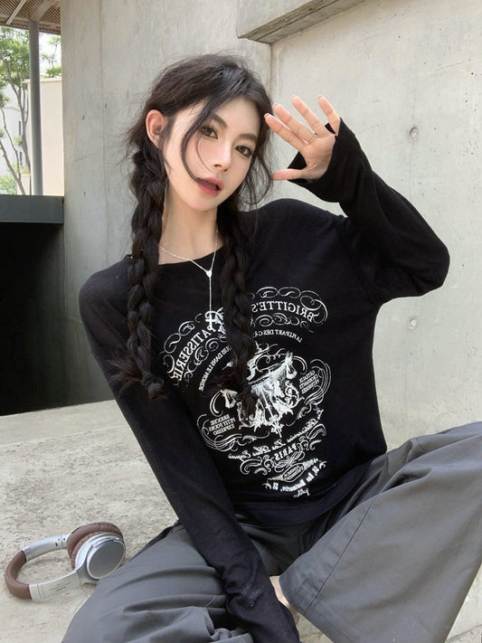 Na+ 俏皮防曬模式 圓領美式印花上袖上衣 黑