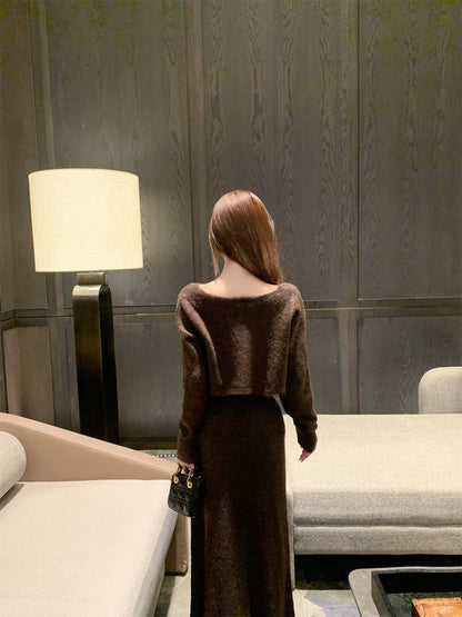 NA+ 輕熟摩卡厚針織抹胸裙 同色系短款外套