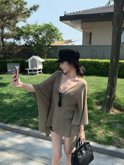 NA+ 老錢慵懶鬆弛感蝙蝠袖針織罩衣