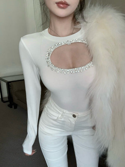 NA+ 純慾心機縷空鑲鑽圓領上衣 白