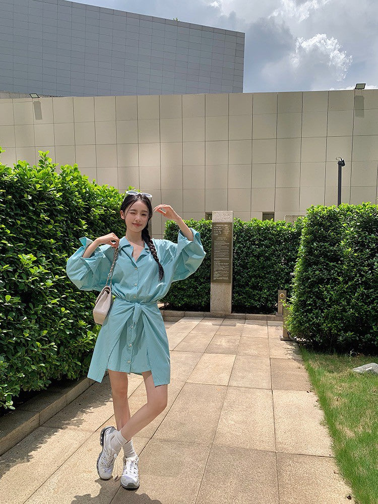 ''Na+''韓系糖果衫 法式綁帶收腰襯衫裙 薄荷藍