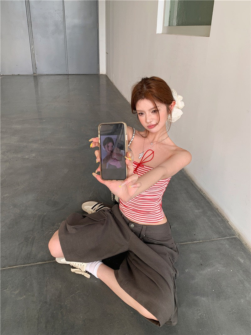 NA+ 美式口袋工裝5分褲/條紋抹胸