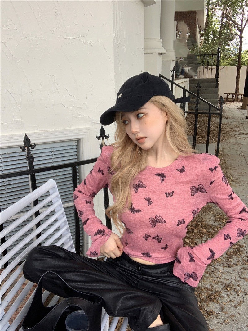 Na+ Lucky蝴蝶印花透視彈力上衣 粉