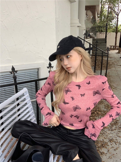 Na+ Lucky蝴蝶印花透視彈力上衣 粉