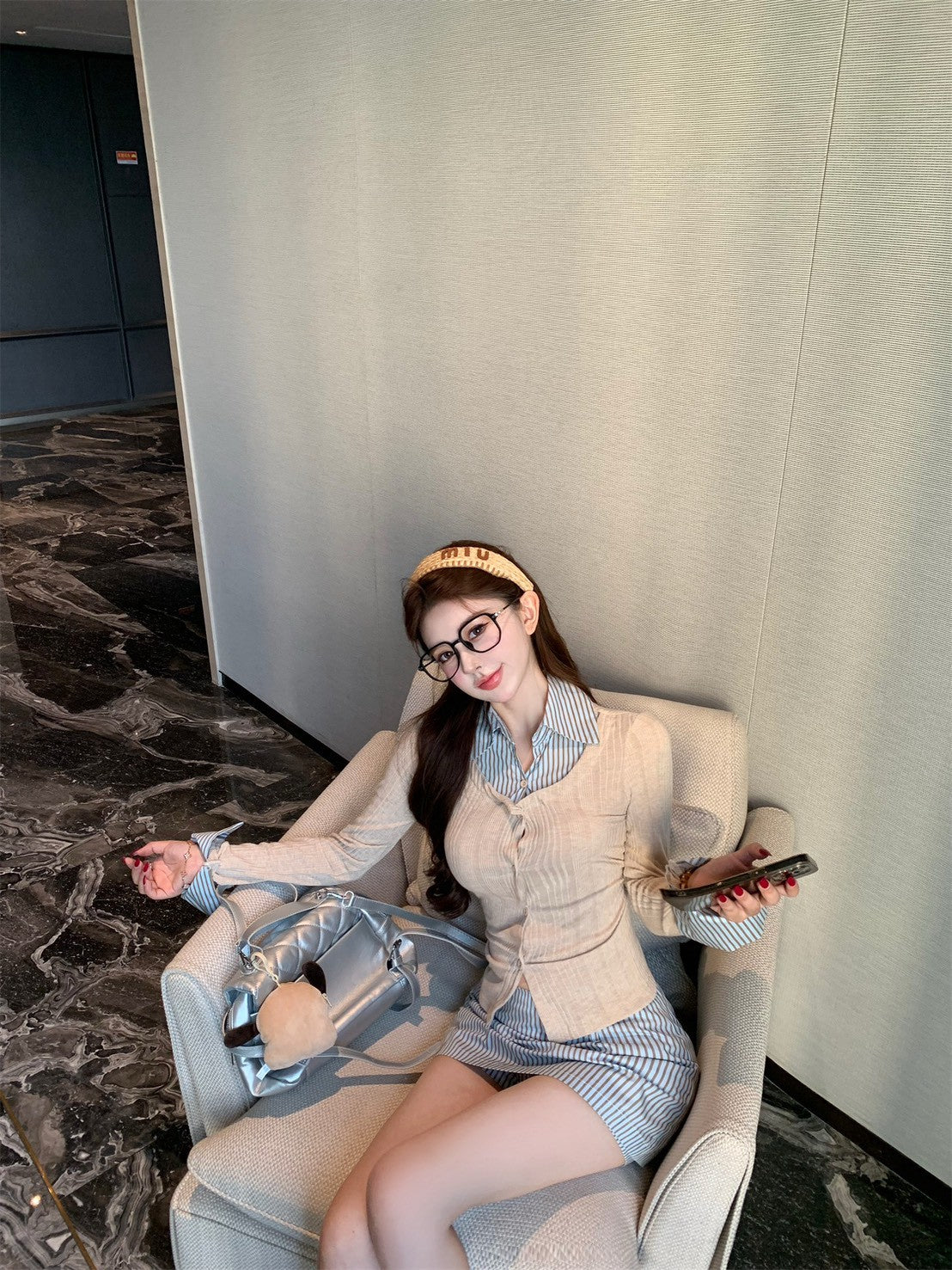 NA+ 氣質學院假兩件式條紋針織襯衫 條紋半身褲裙