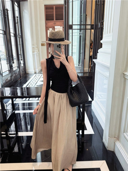 NA+ 法式浪漫蘯領氣質飄帶黑色上衣 A字擺卡其半身裙