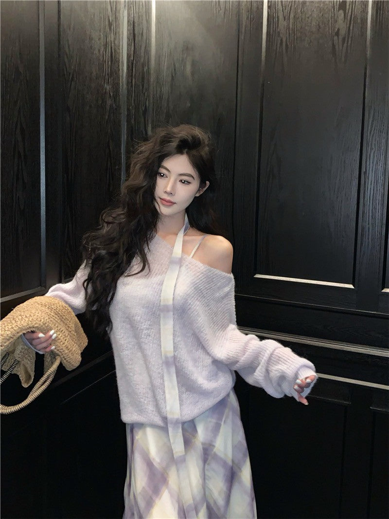 Na+ 溫柔紫調 復古格紋不規則裙擺連身裙 疊穿罩衫