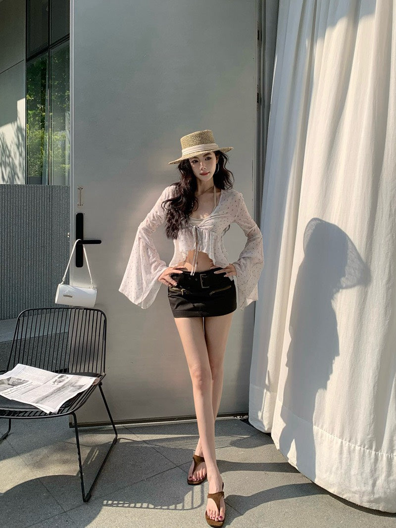 NA+ 花紗雪紡渡假休閒高腰綁帶罩衫