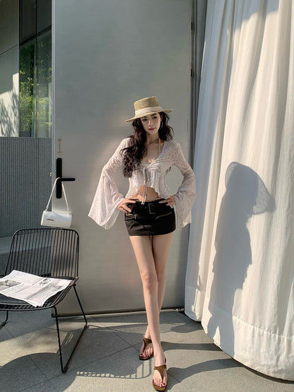 NA+ 花紗雪紡渡假休閒高腰綁帶罩衫