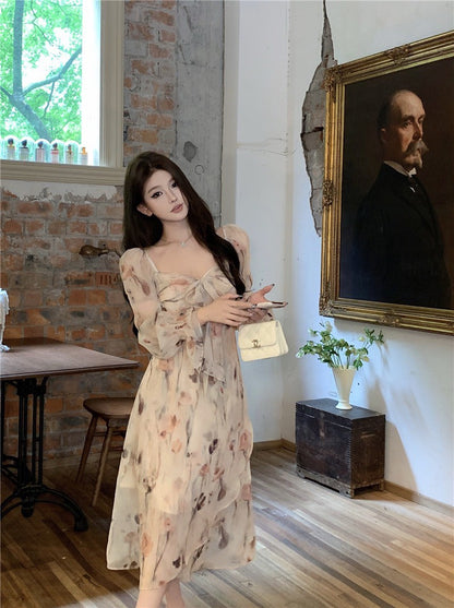 Na+ 甜美法式方領顯瘦碎花連衣裙 杏 兩款長度