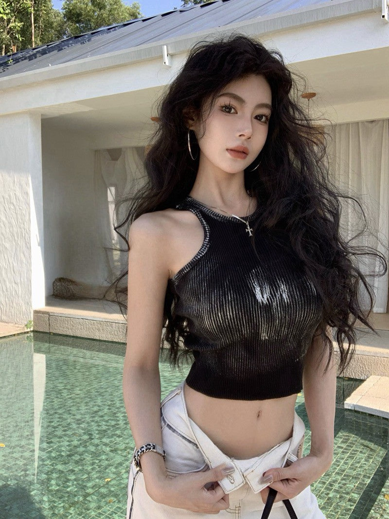 NA+ 手繪渣染彈力短款削肩背心 白/黑