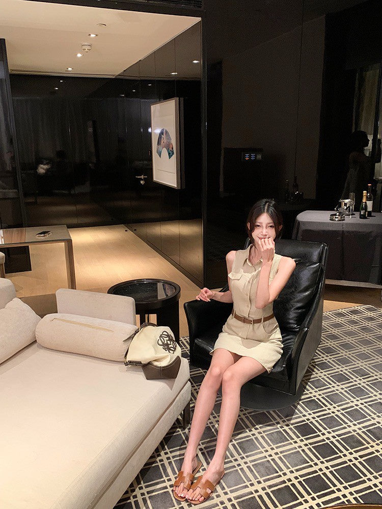 ''Na+''復古回潮 日常通勤polo領排扣連身裙 卡其