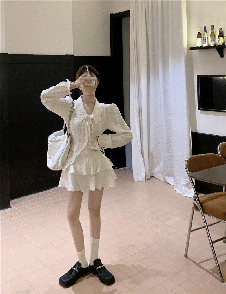 NA+ 初戀甜美緹花翻領繫帶襯衫 蛋糕半身裙