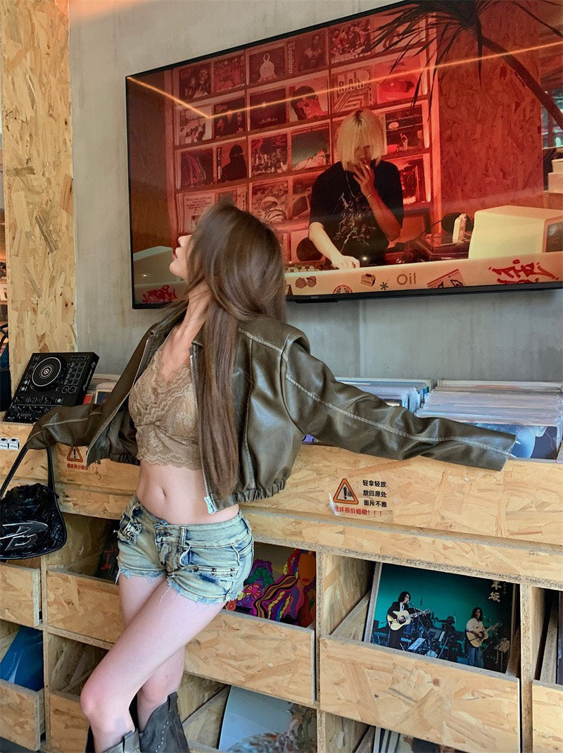 NA+ 皮衣辣妹 重磅短款復古皮外套 咖/黑