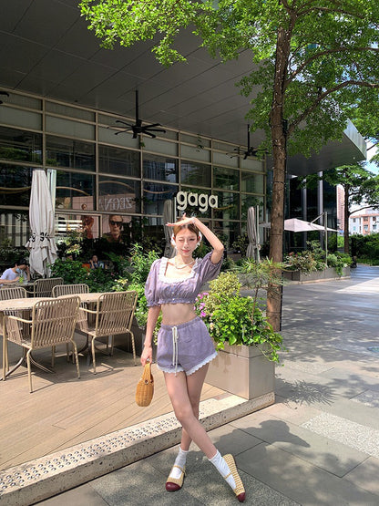 NA+ 法式lazy girl 方領格紋拼接短款上衣 花邊休閒短褲