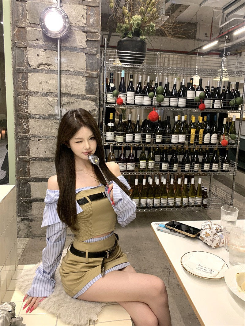 NA+ 拼接碰撞 一字領條紋工裝上衣/半身裙