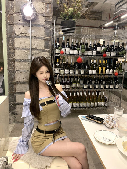 NA+ 拼接碰撞 一字領條紋工裝上衣/半身裙