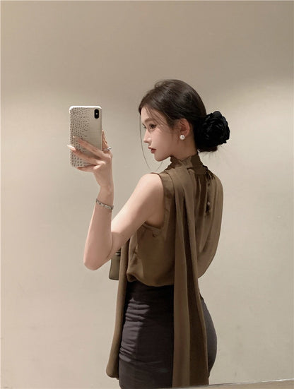 NA+ 溫柔製造 美學飄帶雪紡背心 咖