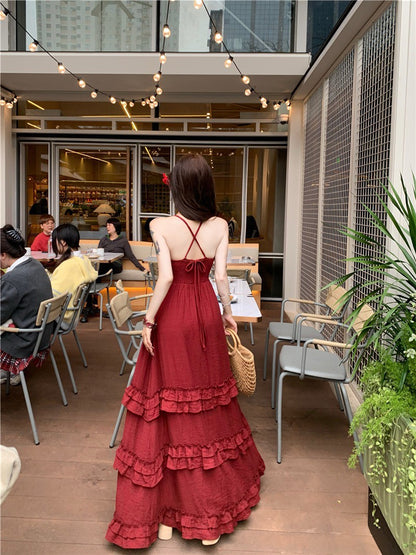 Na+復古度假V領收腰垂墜顯瘦洋裝 酒紅