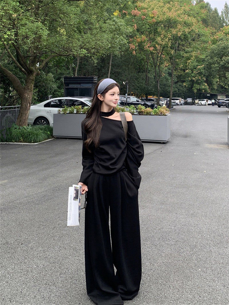 NA+ 美式鬆弛 不規則露肩衛衣 休閒褲 黑