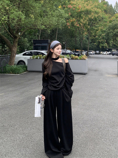 NA+ 美式鬆弛 不規則露肩衛衣 休閒褲 黑