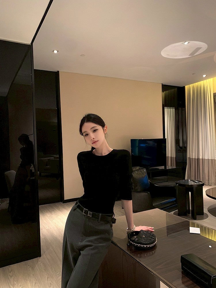 ''Na+''低調氛圍 5分袖修身針織上衣 灰/黑 中腰休閒褲