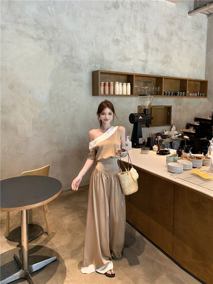 NA+ 乖巧西西里香檳色拼色上衣 高腰闊腿褲