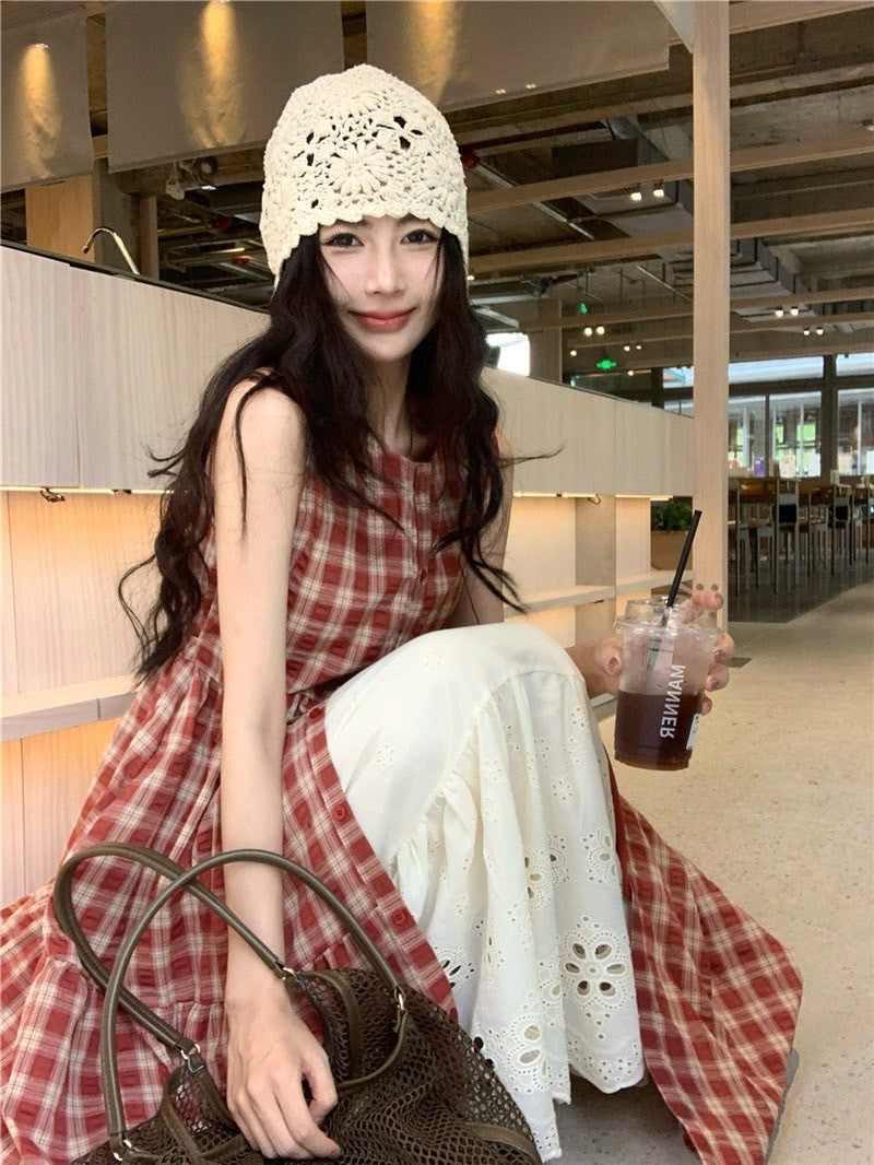 Na+ 高顏值日系 紅色格紋兩穿連身裙