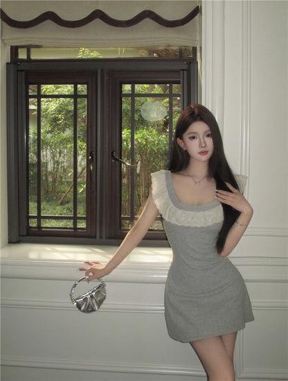 Na+ 公主荷葉領飛飛袖連身裙 灰色