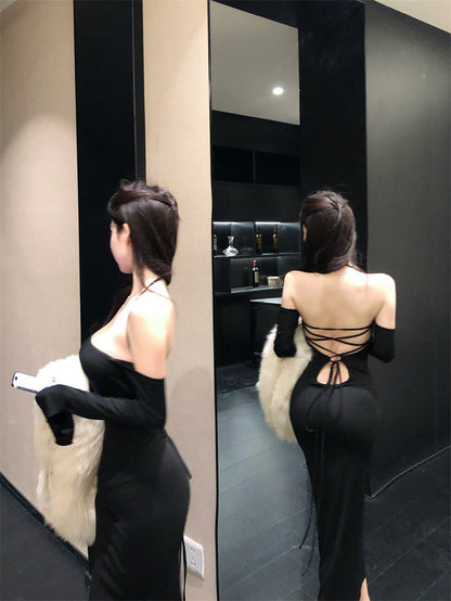 NA+ 極致美腰性感掛脖交叉綁腰彈力連身裙 黑/藍