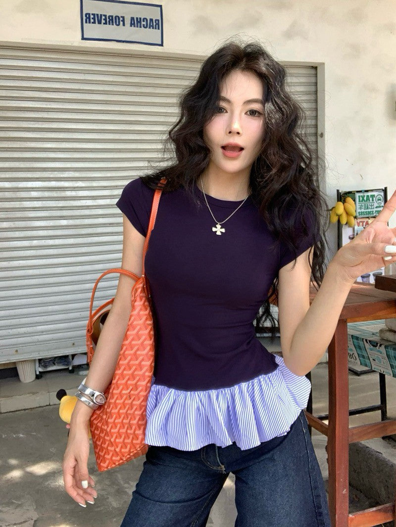 NA+ 俏皮荷葉拼接正肩上衣 灰/藏藍