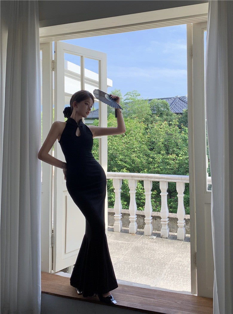 NA+ 御姐風範盤扣魚尾連身裙 黑