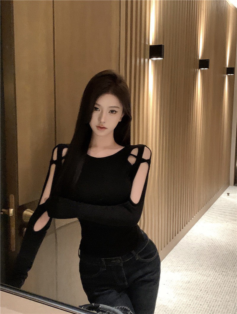 NA+ 性感疊加不規則縷空設計感上衣 黑