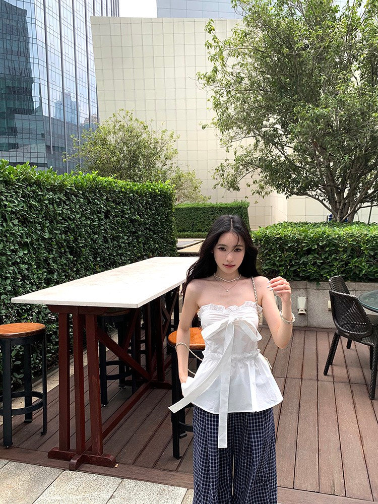 NA+ 甜辣蝴蝶機綁帶收腰抹胸 格紋鬆緊休閒褲