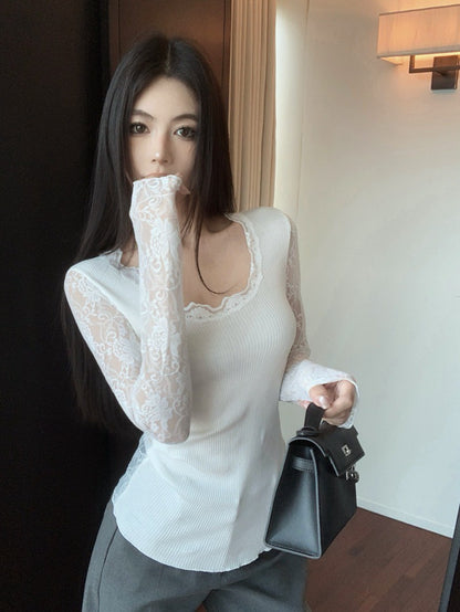 NA+ 不簡單打底蕾絲拼接針織上衣 白/黑
