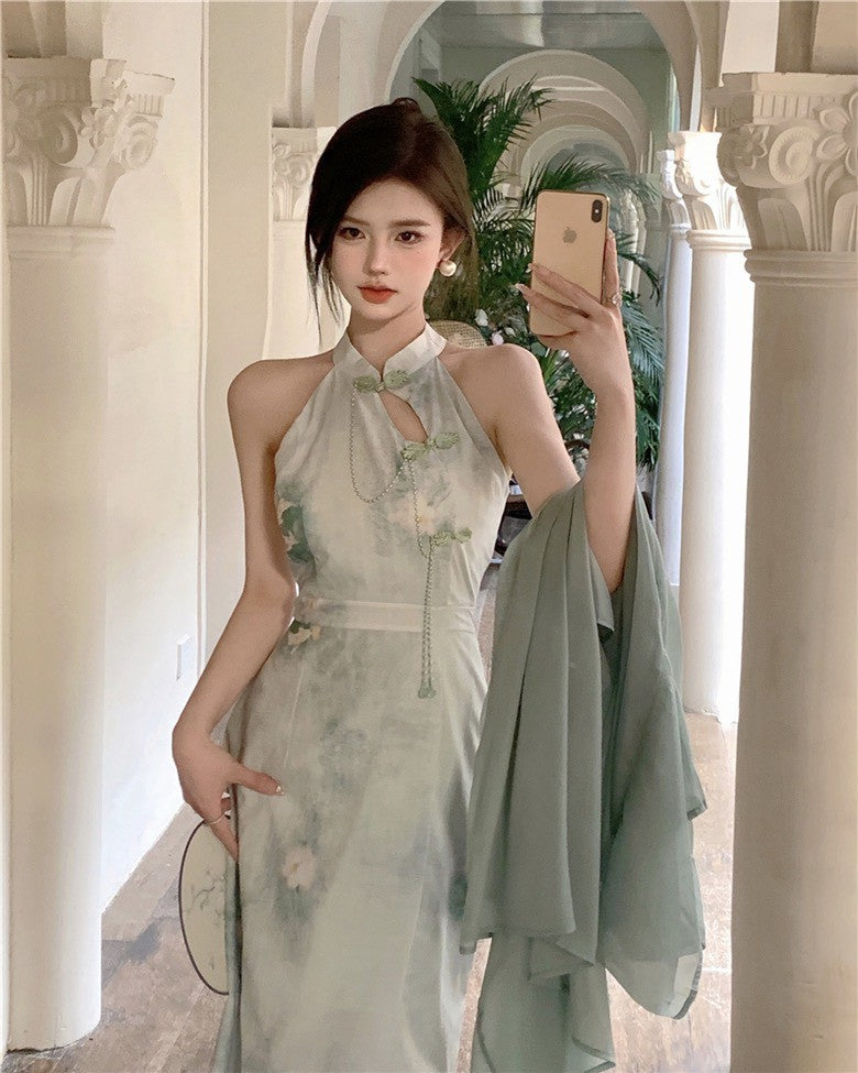 NA+ 禪意中式國風旗袍連身裙 雪紡罩衫 綠