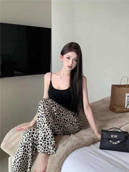 Na+ 居家休閒復古豹紋彈力喇叭褲