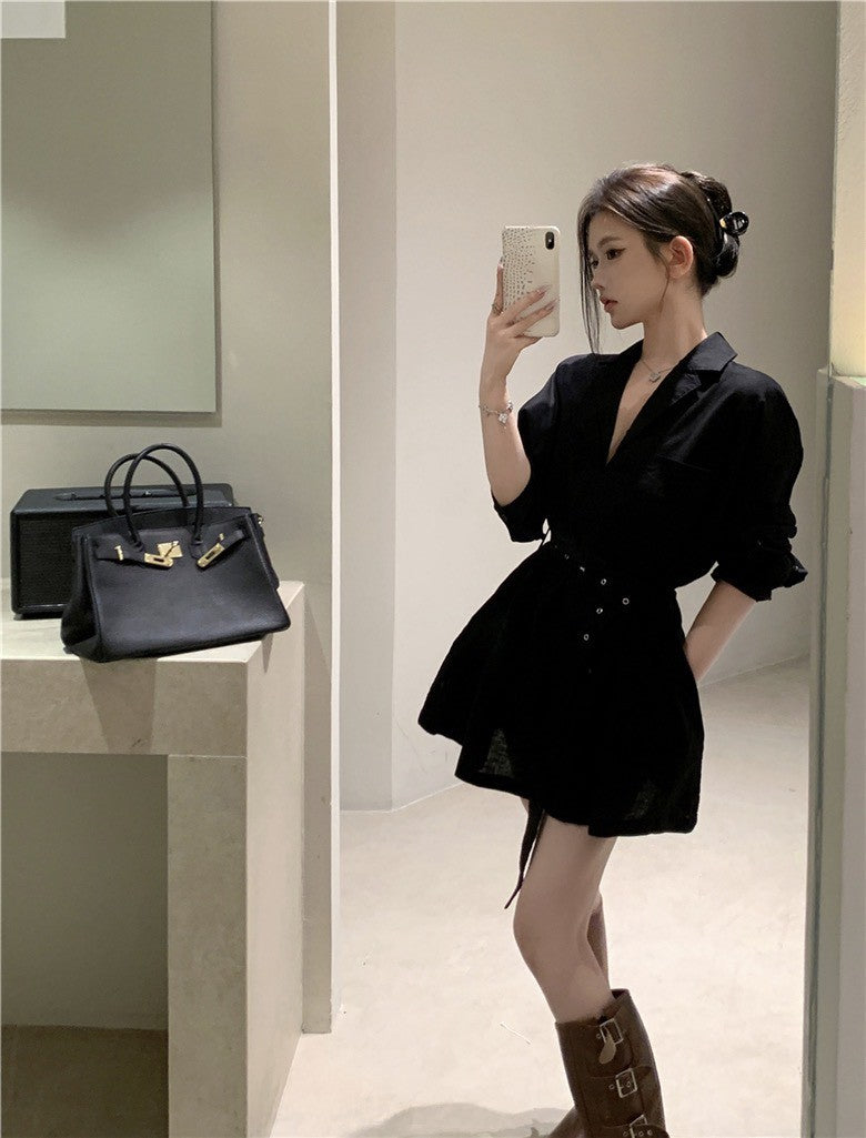 NA+ 韓女極簡主義西式襯衫收腰裙 黑