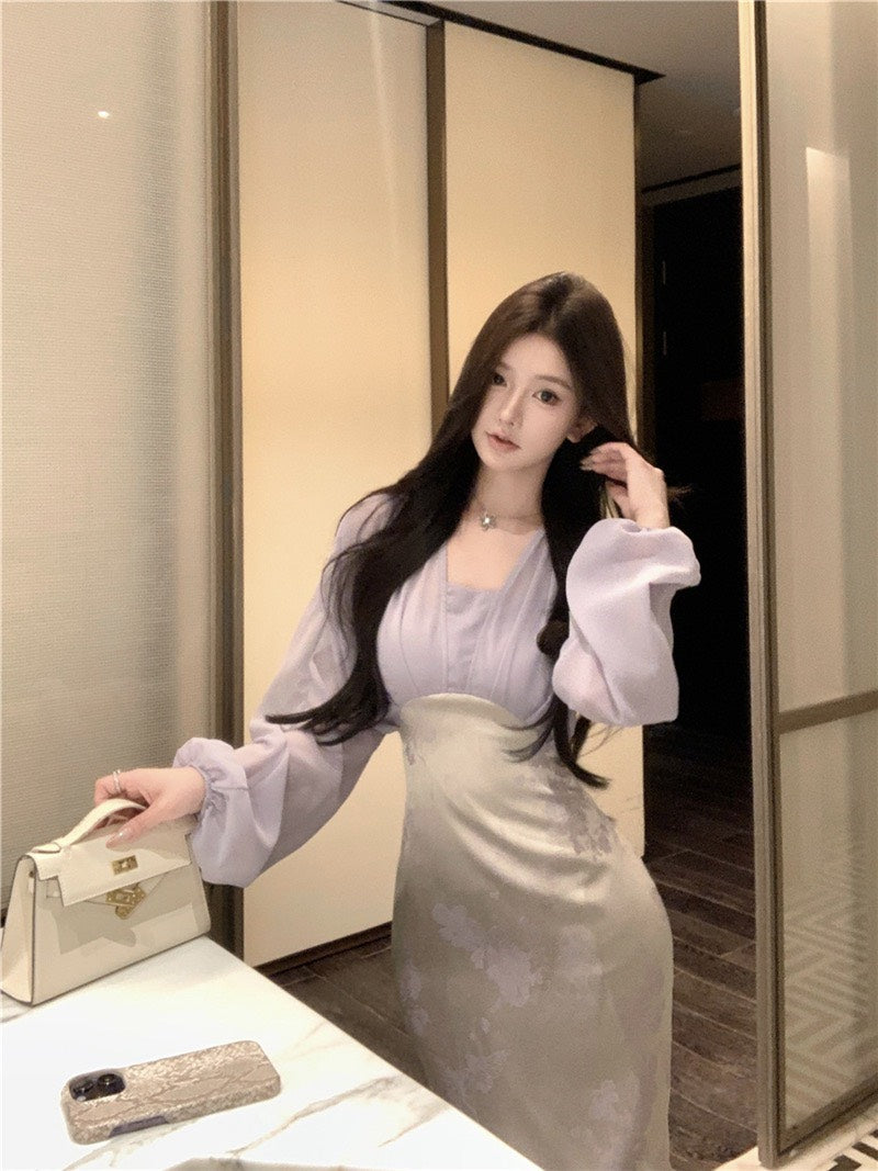 NA+ 古典系美人復古緞面印花拼接連身裙 紫