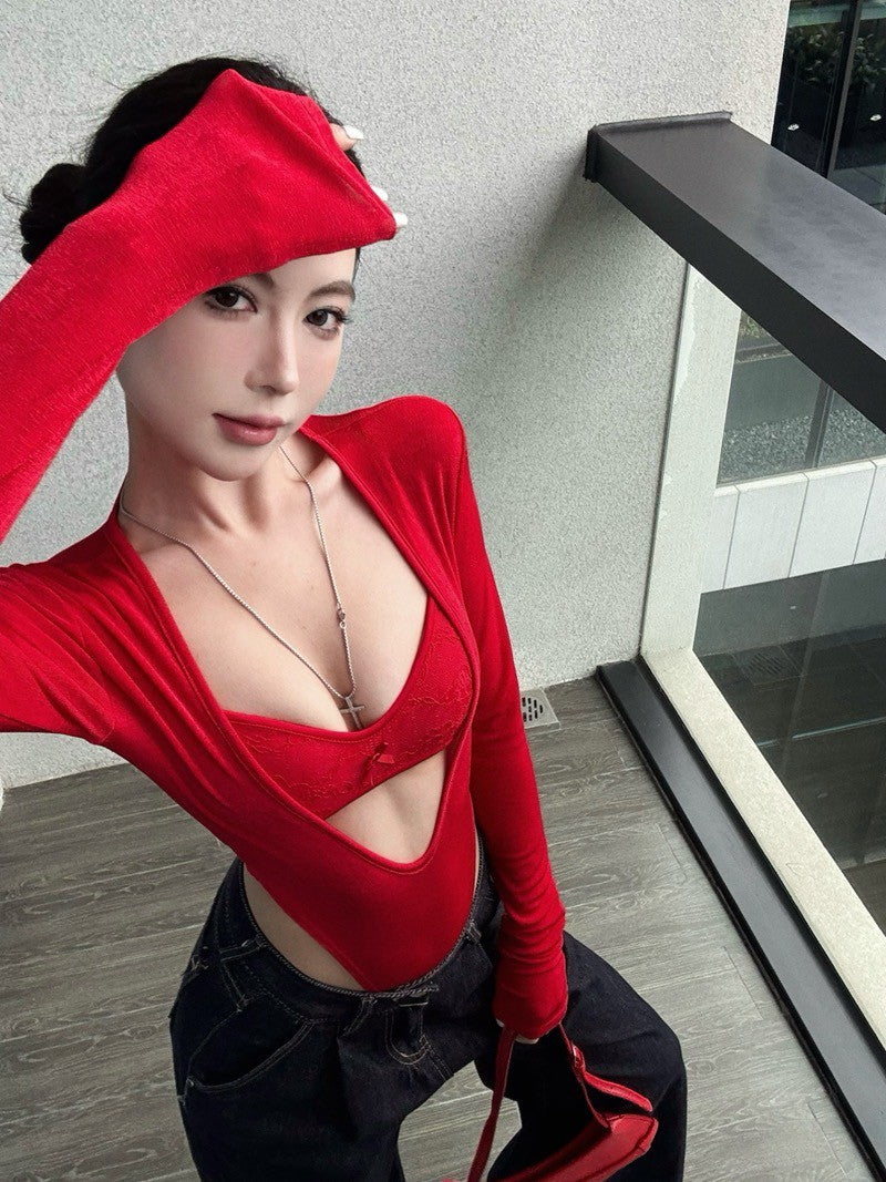 NA+ 跟上風潮內衣外穿2件式蕾絲連體衣 紅/黑