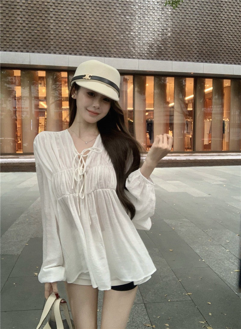 Na+ 法式氣質純色燈籠袖綁帶襯衫上衣 白