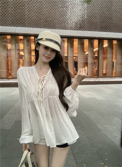 Na+ 法式氣質純色燈籠袖綁帶襯衫上衣 白